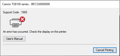 Canon TS 8100 support code 1660 (recognition error)